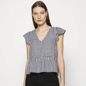 Abercrombie & Fitch Gingham Check Smocked Linen Tie Back Peplum Top Small Navy